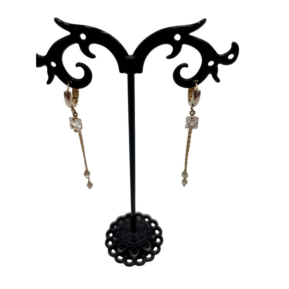 Gold-Toned Dangling Drop Earrings With Clear Square & Teardrop Accents For Women